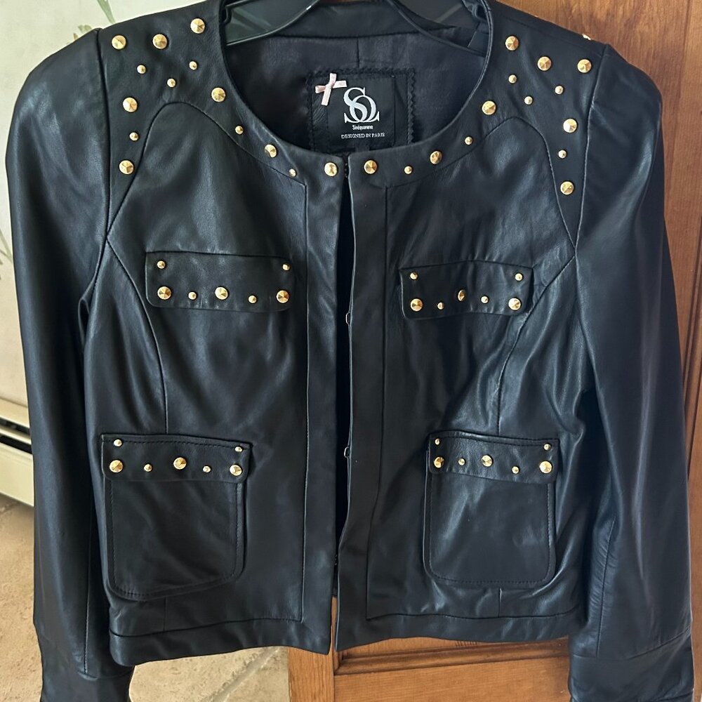 Sinequanone Black Leather Jacket with Gold Embellishments